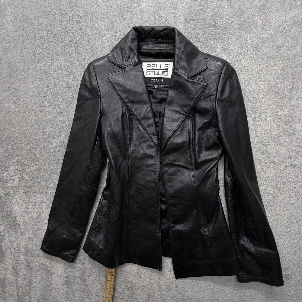 Pelle Studio Blazer Womens XS Black Leather Lined Collared Button Slim‎
